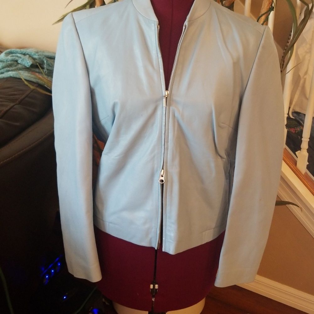 Sky blue leather jacket
